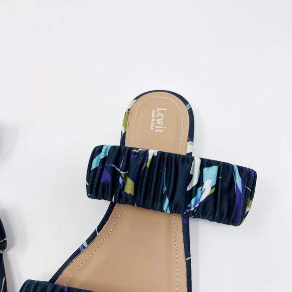 Lewit Size 36.5 Navy Blue Elena Floral Square Toe Sandals Satin Slide Ruched 6.5 - Picture 5 of 13